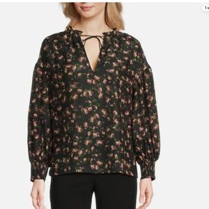 Alice + Olivia Black Floral Tie-Neck Long Sleeve Blouse